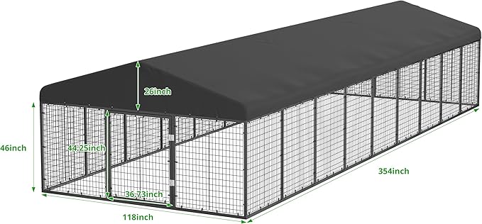 Petony 354" x 118" Large Outdoor Dog Enclosure,Heavy Duty Dog Cage with Roof,Galvanized Steel Dog Kennel Fence with Double Safety Locks