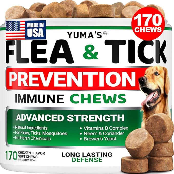 Flea and Tick Prevention for Dogs Chewables - 170 Treats - Natural Dog Flea and Tick Treatment Chewable Supplement - Oral Pills - All Breeds & Ages - Soft Chews - Made in USA - Chicken Flavor