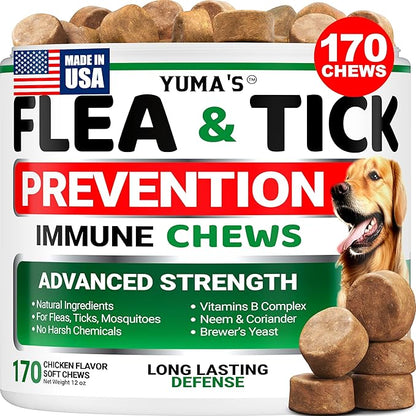 Flea and Tick Prevention for Dogs Chewables - 170 Treats - Natural Dog Flea and Tick Treatment Chewable Supplement - Oral Pills - All Breeds & Ages - Soft Chews - Made in USA - Chicken Flavor