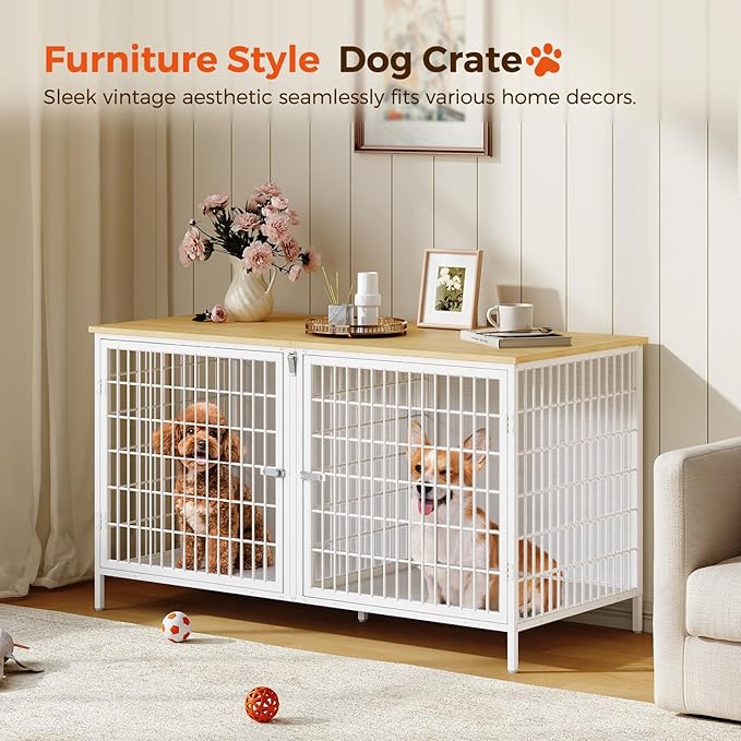 MAHANCRIS Dog Crate Furniture for 2 Dogs, 43.3" Dog Kennel with Removable Divider, Heavy Sturdy Dog Furniture Style Double Cage for Small Medium Dogs, Indoor Pet House End Table, Natural and White