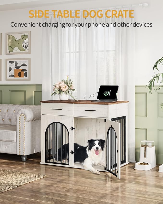 Hzuaneri 39.4'' Large Dog Crate Furniture with 2 Storage Drawers, Heavy Duty Dog Kennel Indoor with Charging Station, Wooden Dog Cage End Table Kennel for Medium/Large Dogs, White Brown DFC84214B