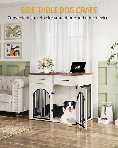Hzuaneri 39.4'' Large Dog Crate Furniture with 2 Storage Drawers, Heavy Duty Dog Kennel Indoor with Charging Station, Wooden Dog Cage End Table Kennel for Medium/Large Dogs, White Brown DFC84214B