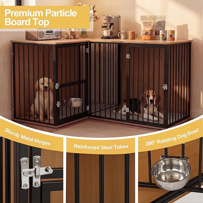 Dog Crate Furniture for 2 Dogs, Corner Heavy Duty Double Dog Kennel Furniture with Divider, Indoor Wooden Dogs Crate Large Breed (Black)