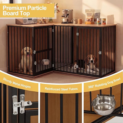 Dog Crate Furniture for 2 Dogs, Corner Heavy Duty Double Dog Kennel Furniture with Divider, Indoor Wooden Dogs Crate Large Breed (Black)
