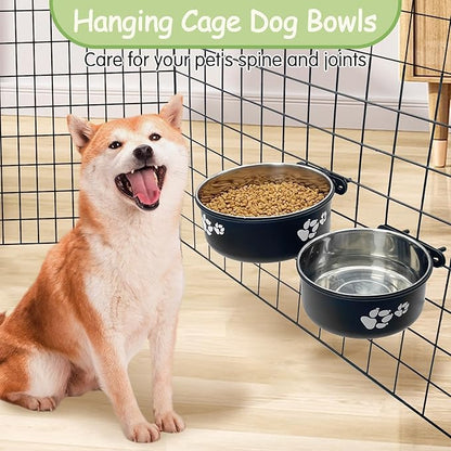Kathson 2 Pack Dog Kennel Stainless Steel Crate Bowl, No Spill, Hanging Metal Pet Food Bowl Feeder for Cats Small Medium Dogs (Black)