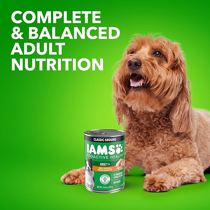 IAMS Proactive Health Wet Dog Food, Adult Wet Dog Food Multipack Ground Dinner, with Chicken & Rice, 13 oz. Cans (Pack of 12)