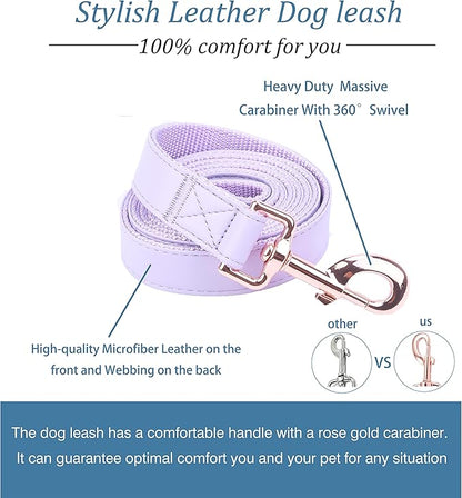 Dog Collar and Leash Set.Soft and Easy to Clean Vegan Leather with Rose Gold Metal Buckle for Small Medium Large Dogs (Light Purple, S(12.2"-16.9"))