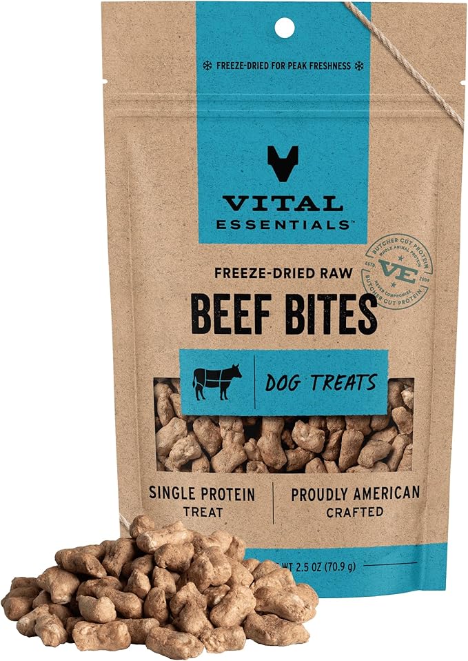 Vital Essentials Freeze Dried Dog Treats | Beef Bites, Single Protein | Premium Quality | Grain Free Training Treats for Dogs, 2.5 oz Bag