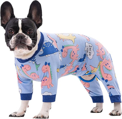 Recovery Suit for Surgery Small Medium Dogs Onesie, Cute Soft Pajamas Bodysuit Cone Alternative Prevent Licking, Female Male (Small, Dinosaur Blue)