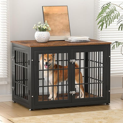rehomerance 38 Inch Heavy Duty Dog Crate Furniture for Large and Medium Dogs, Decorative Pet House End Table, Wooden Cage Kennel Furniture Indoor, Rustic Brown