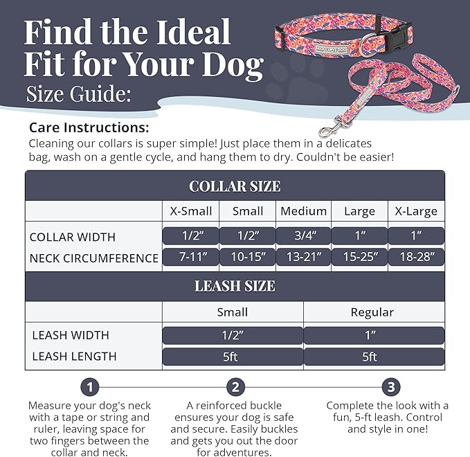 Lucky Love Dog - Easy Click Buckle Dog Collar with Leash Set Combo, Durable & Comfortable for Male & Female Dogs, Pet Collar for Small Dogs, Secure Fit - Floral Rosie Combo, Small