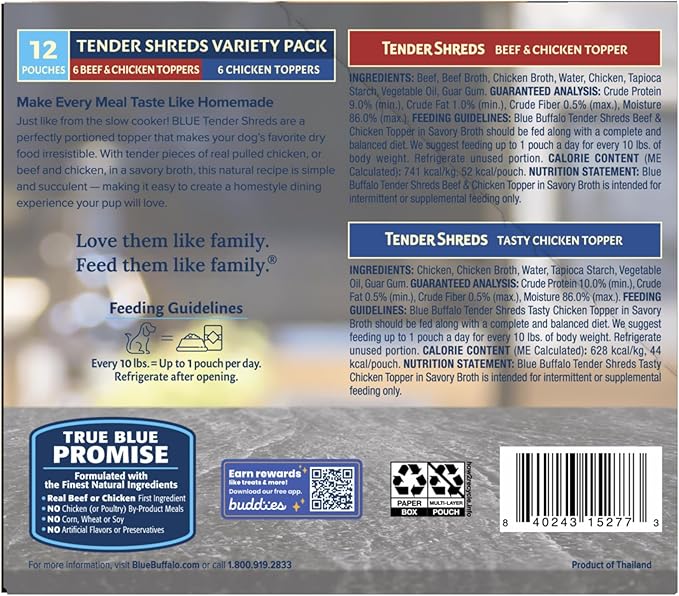 Blue Buffalo Tender Shreds Tasty Chicken Topper and Beef & Chicken Topper Natural Dog Food Complement, 2.5-oz. Pouch, 12-Count Variety Pack