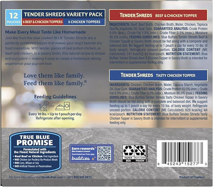 Blue Buffalo Tender Shreds Tasty Chicken Topper and Beef & Chicken Topper Natural Dog Food Complement, 2.5-oz. Pouch, 12-Count Variety Pack