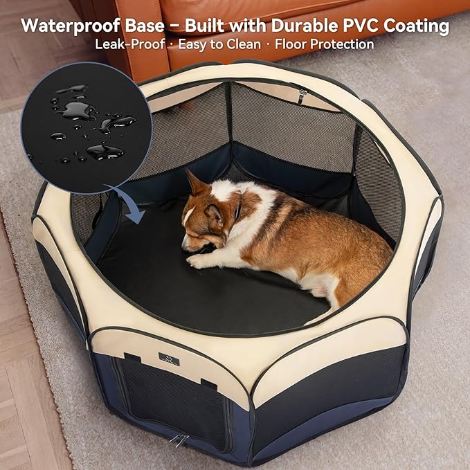 Dog Playpen for Small Dogs & Puppies, 40.55" Portable Indoor Outdoor Puppy Playpen with Bowl, Waterproof Floor, Foldable Pop-Up Pet Pen for Home, Travel & Daily Use