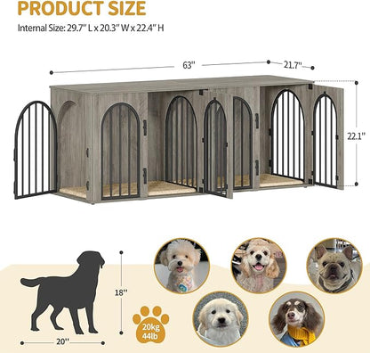 Hzuaneri 63" Dog Crate Furniture for 2 Dogs, Heavy Duty Indoor Dog Kennel TV Stand, L Wooden Dog Cage with Divider for Medium Large Dogs, End Table Dog Crate with Cushion, Greige Black DFC80905B