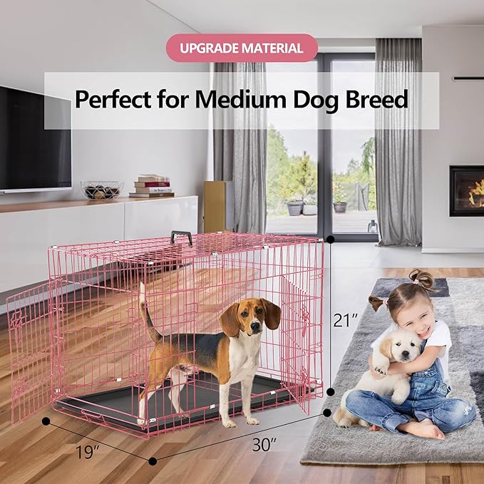 Dog Crate, 24/30/36/42/48 Inch Dog Crates for Small Medium Large Dogs Indoor, Folding Metal Dog Kennel Dog Cage with Double-Door, Divider Panel, Removable Tray, Locks and Handle, (30 Inch, Pink)
