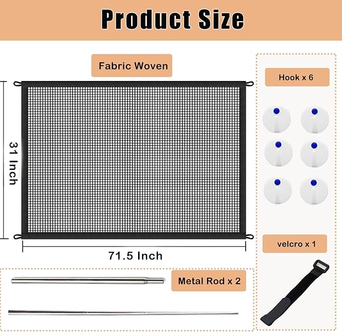 Magic Pet Gate for The House, 71.5" W X 31" H Portable Extra Wide Dog Gates for Doorways, Stairs, No Drill Durable Mesh Puppy Dog Safety Fence Guard, 6 Hooks