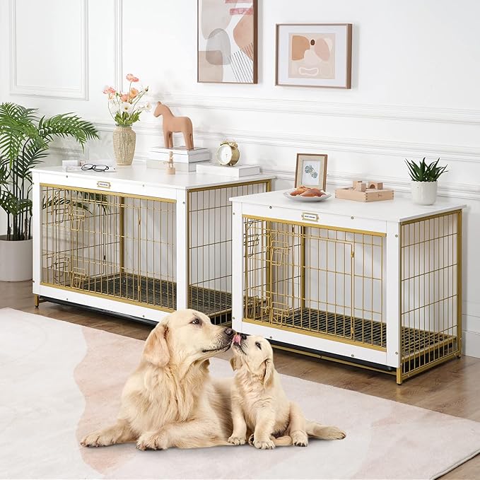 HOOBRO Dog Crate Furniture, 38.6" Large Dog Kennel Indoor, Wooden Cage with Pull-Out Tray, Double Doors Pet House Side End Table for Large/Medium/Small Dogs, White DW982GW03