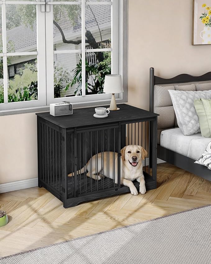 Hzuaneri 43.3" Dog Crate Furniture with Barn Door, Heavy Duty Dog Kennel Indoor with 2 Doors, Wooden Pet Cage End Table for Large Small Medium Dogs, Anti-Chew Anti-Escape, Black DFC92304B