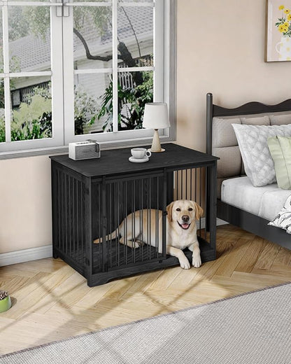 Hzuaneri 43.3" Dog Crate Furniture with Barn Door, Heavy Duty Dog Kennel Indoor with 2 Doors, Wooden Pet Cage End Table for Large Small Medium Dogs, Anti-Chew Anti-Escape, Black DFC92304B