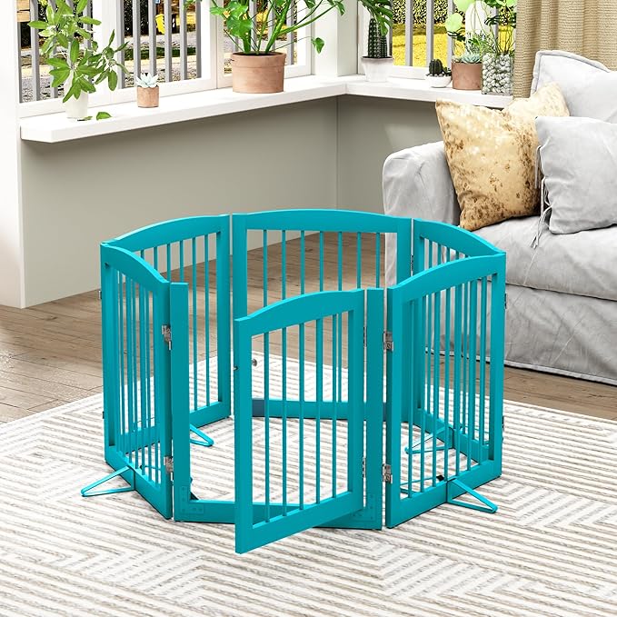 PUPETPO Freestanding Pet Gates with Walk Through Door, Dog Indoor Fence, Dog Gate for The House, Doorway, Stairs, Extra Wide Pet Gate, Support Feet Included, 120 Inch Wide, 6 Panels 24" Tall, Blue