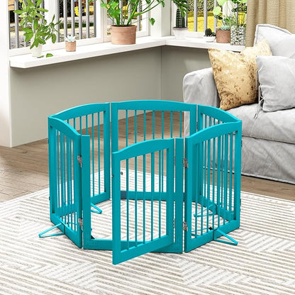 PUPETPO Freestanding Pet Gates with Walk Through Door, Dog Indoor Fence, Dog Gate for The House, Doorway, Stairs, Extra Wide Pet Gate, Support Feet Included, 120 Inch Wide, 6 Panels 24" Tall, Blue