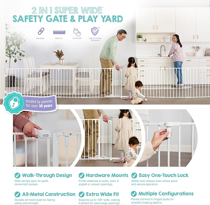 Regalo Safety 192" Super Wide Baby Gate & Play Yard, 2-in-1 Convertible Extra Wide Safety Barrier, Hardware Mounted for Toddlers & Pets, Tested & Safe for 30 Years, American Designed & Owned, White