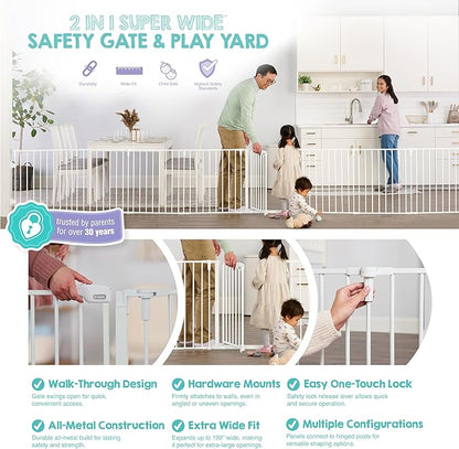 Regalo Safety 192" Super Wide Baby Gate & Play Yard, 2-in-1 Convertible Extra Wide Safety Barrier, Hardware Mounted for Toddlers & Pets, Tested & Safe for 30 Years, American Designed & Owned, White