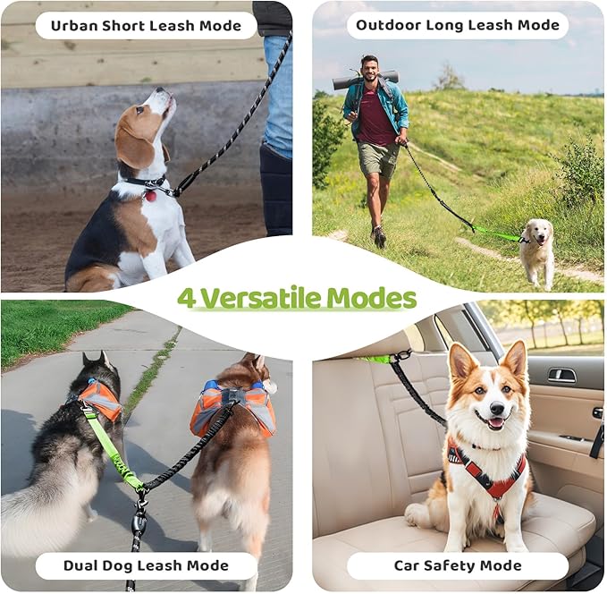 Double Dog Leash - 360°Swivel Tangle Free Splitter Attachment, 2 Dogs Multi-Functional Leashes, Dual Rope for Outdoor Walk Train Small Medium Large Two Pet, Green