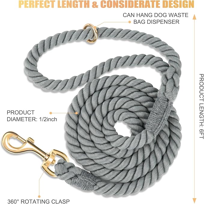 Dog Leash 6 FT Handmade Braided Cotton Rope Leashes for Small Medium and Large Dogs, New Golden Heavy Duty Metal Clasp, Grey