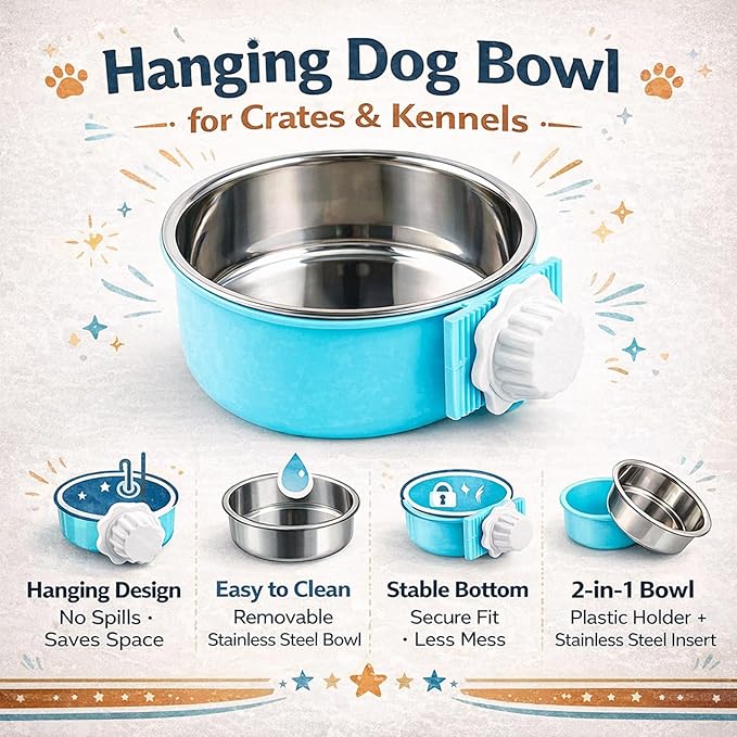 HERCOCCI 2 Pack Dog Crate Bowls, Hanging Removable Stainless Steel Food and Water Bowls for Puppies, Small Dogs, Cats, Rabbits & Ferrets (Blue, Red)