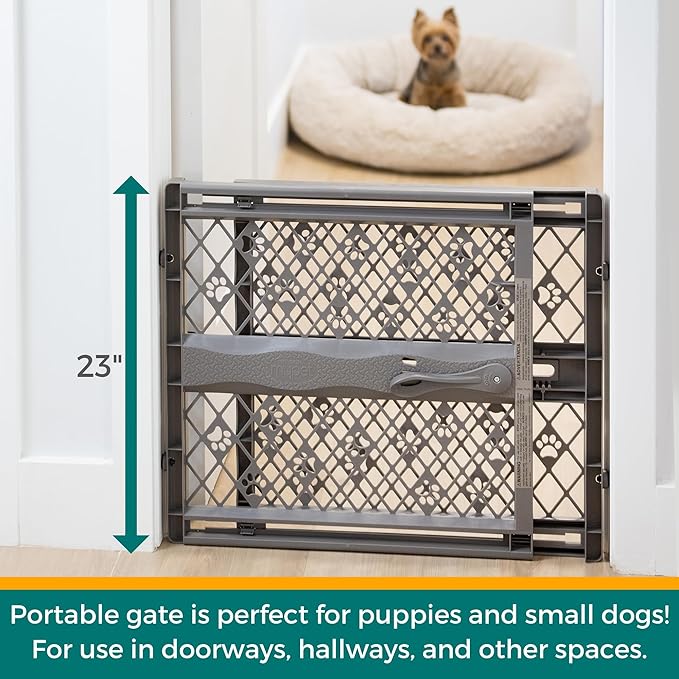 MYPET North States Paws Portable Pet Gate: 26-40" Wide. Pressure Mount. No Tools Needed. Made in USA, 23" Tall, Expandable, Durable Dog Gates for Doorways, Fieldstone Gray