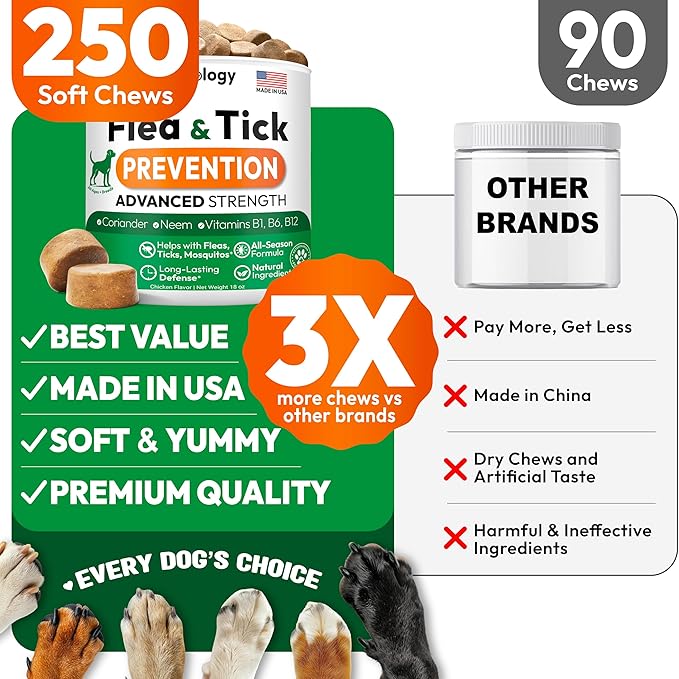 Flea and Tick Prevention for Dogs Pills - 250 Soft Chews - Natural Dog Flea & Tick Control - Oral Defense Treatment for Dogs Supplement - Vet Formulated Chews - All Breeds & Ages - Made in USA