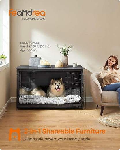 Feandrea 56.1" Dog Crate Furniture, Indoor Dog Cage Side End Table, XXL Pet Wood Kennel for Large and Medium Dogs up to 105 lb with Multi-Purpose Removable Tray, Double-Door Pet House, Ink Black