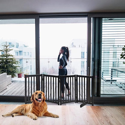 LZRS Freestanding Extra Wide Dog Gate 30 inch Tall - 4 Panels Solid Wooden Pet Gate for Doorways, Stairs, Hallways,Kitchens& Long Areas, Expandable & Foldable with Support Feet,Indoor Use,Black