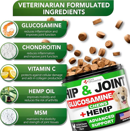 Vet Promise Hemp Hip and Joint Support Supplement for Dogs - Glucosamine for Dogs - Hemp Oil, MSM, Chondroitin - Support for Joint Pain Relief and Health - 120 Soft Chews - Made in USA