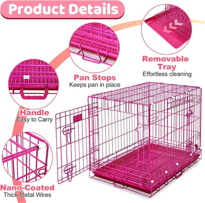 HOMEY PET 30 Inch Pink Dog Crate, Cute Dog Cage Medium Sized Collapsible Small Dog Kennel Indoor Nano-Coated Metal Wire Dog Crate with Removable Floor Grid Tray, Double Doors Dual Locks, Handle