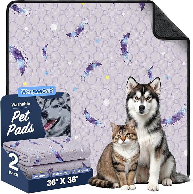 WanpeeGoo Washable Pee Pads for Dogs, 2Pack Reusable Puppy Pads, Super Absorbent & Leakproof Dog Pads, Anti-Slip Dog Pee Pads for Puppy Training & Incontinence, Feather Pattern 36"x36"