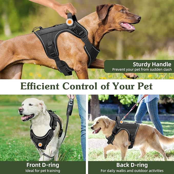 VavoPaw Heavy Duty Tactical Dog Harness for Large Dogs, No Pull Adjustable Pet Harness Reflective Service Training Easy Control Pet Vest Military K9 Working Dog Harnesses, Black, XL