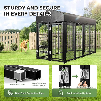 Sino Luban Outdoor Dog Kennel Outside Run with Doggy Door, Swivel Feeder&Roof - 8x4x6FT Large Dog Kennels Pens Outside for Large Dogs Breed- Heavy Duty Cage Yard (Can Connect to Your Dog House)