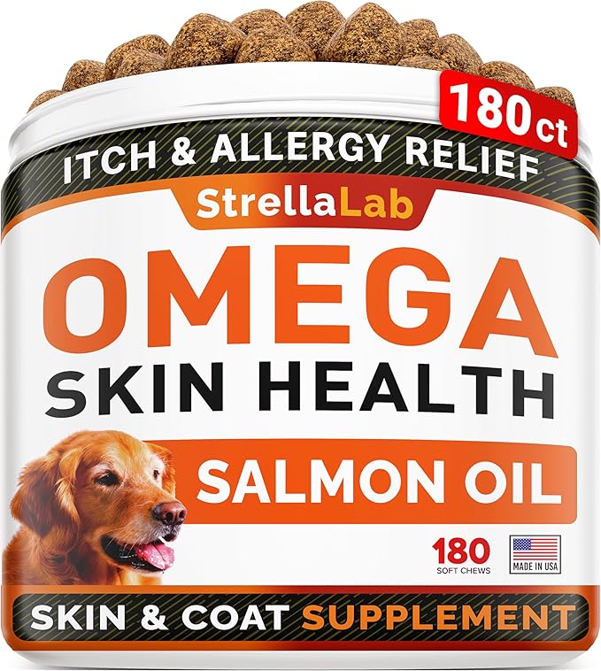 StrellaLab Omega 3 for Dogs - (180Ct) Fish Oil Treats - Allergy & Itch Relief Skin & Coat Supplement - Dry Itchy Skin, Anti Shedding & Hot Spots Treatment - Pet Salmon Oil Chews - Smoked Salmon Flavor