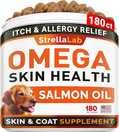 StrellaLab Omega 3 for Dogs - (180Ct) Fish Oil Treats - Allergy & Itch Relief Skin & Coat Supplement - Dry Itchy Skin, Anti Shedding & Hot Spots Treatment - Pet Salmon Oil Chews - Smoked Salmon Flavor