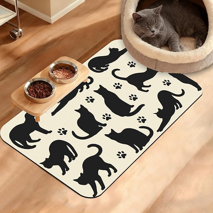Pet Feeding Mat,Cat Silhouette Absorbent Dog Cat Food Mat Dog Mat with Rubber Backing,Non-Slip Water Bowl Placemat,Pet Supplies 16" x 24"
