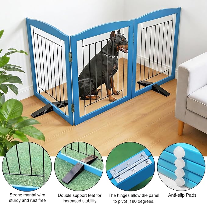 ZJSF Freestanding Dog Fence Indoor, Foldable Dog Gate for Doorways, Stairs or Hallways, Sturdy Wood Extra Wide Pet Gate with Support Feet for The House, Blue, 24 "Height-3 Panels