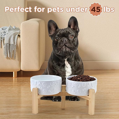 SPUNKYJUNKY Elevated Dog Bowls Ceramic, 6.1'' Dogs and Cat Food Water Bowls Raised with Non-Slip Bamboo Stand for Medium Sized Breed Microwave Dishwasher Safe - 28.7 OZ,Skull White