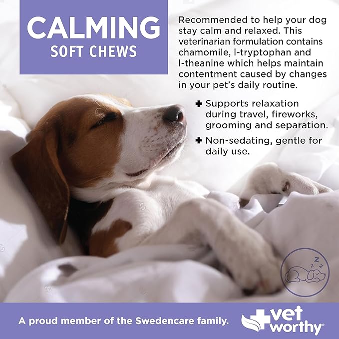 Vet Worthy Dog Calming Chews - Promotes Relaxation and Helps Reduce Stress in Pets with Tryptophan and L Theanine for Dogs - Calming Chews for Dogs Anxiety, Fireworks, and Travel - 60 Soft Chews