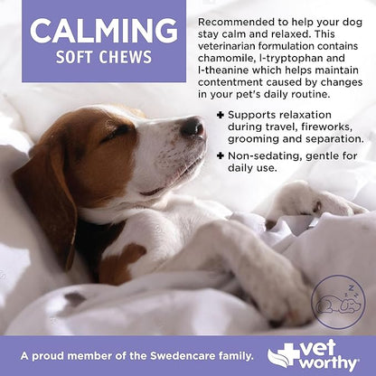 Vet Worthy Dog Calming Chews - Promotes Relaxation and Helps Reduce Stress in Pets with Tryptophan and L Theanine for Dogs - Calming Chews for Dogs Anxiety, Fireworks, and Travel - 60 Soft Chews