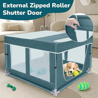 Dog Kitten Playpen with Cover, 42x42 x25.5 Puppy Playpen for Small Pet with See-Through Topper Proof, Green