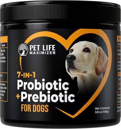 7-in-1 Probiotic + Prebiotic for Dogs. For Digestive Health, Yeast, Itchy Skin, Itchy Ears, Paw Licking. Dog Gut Health Probiotics Supplement 5 Billion CFU Multi-Strain Formula. Daily Powder Topper
