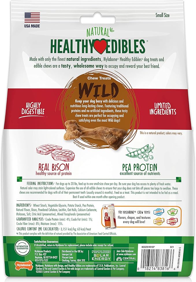 Nylabone Healthy Edibles WILD Natural Dog Chew Treats, Bison Flavor, Small Dogs Up to 20 lbs - Made in USA (16 Count)